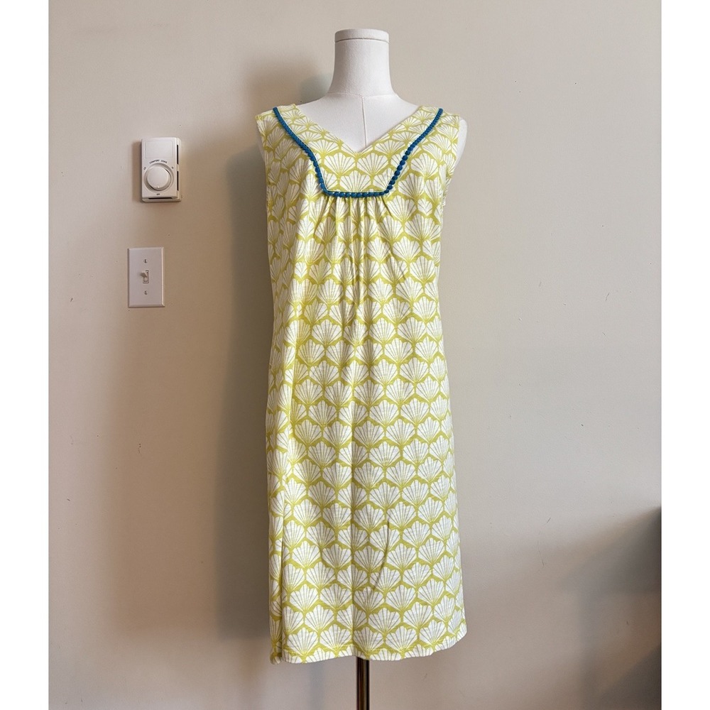 Boden Tarifa Citrus Seashell Jersey Dress Yellow Blue‎ Pompom Cotton Beach 8 Med